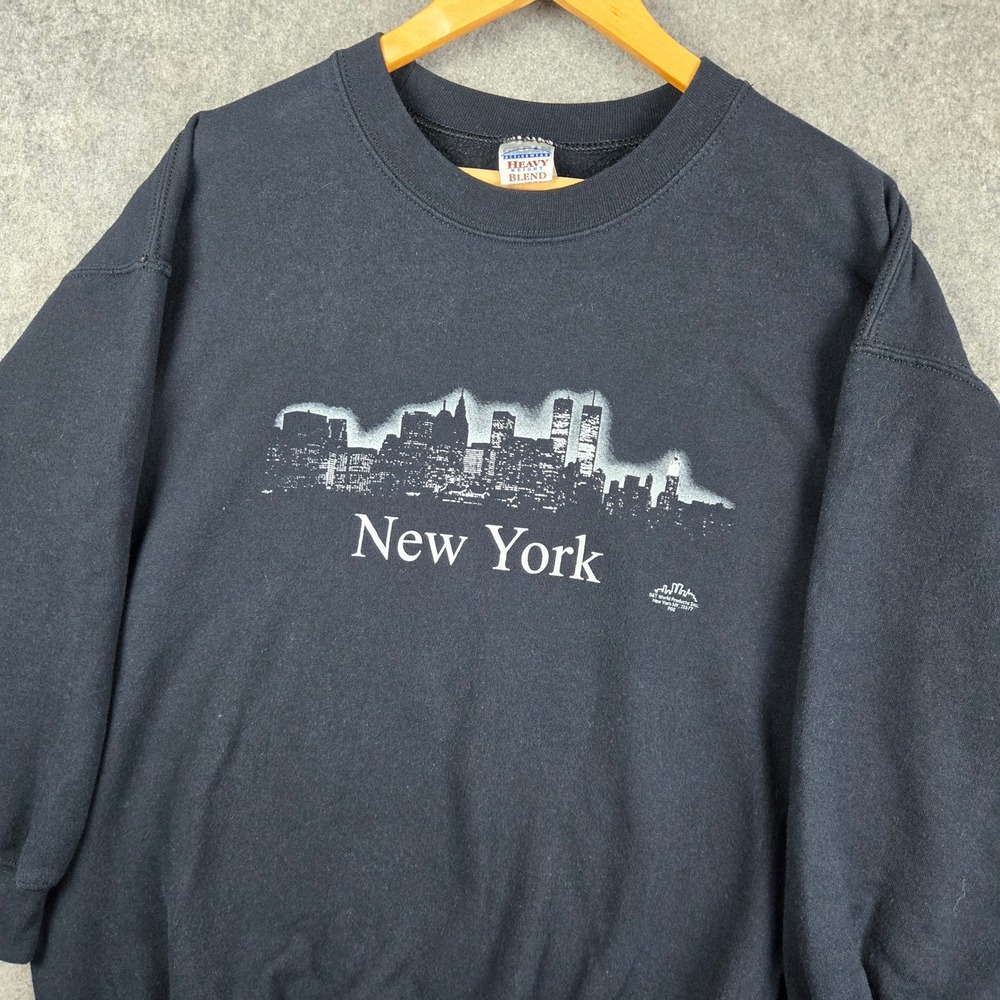 Vintage New York City Skyline Sweatshirt Mens Large Black Twin Towers Graphic